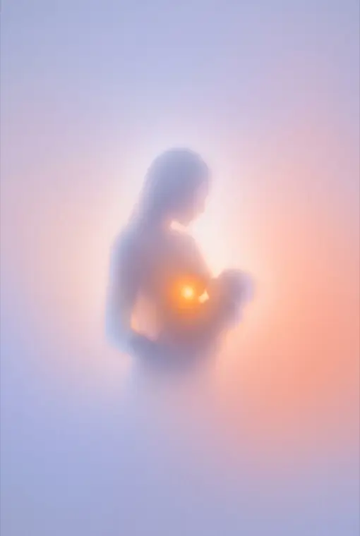 A softly glowing figure cradling a luminous form